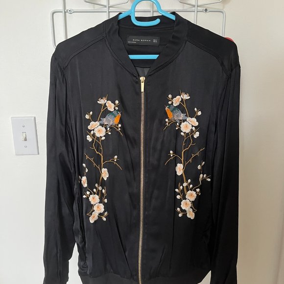 Satin Zara Embroidered Bomber Jacket with Birds - Picture 2 of 7